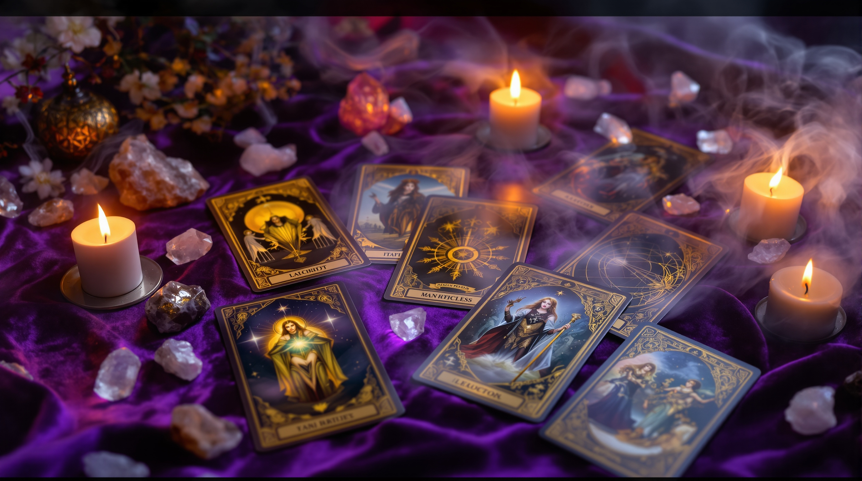 Tarot cards spread on velvet cloth with candles and crystals
