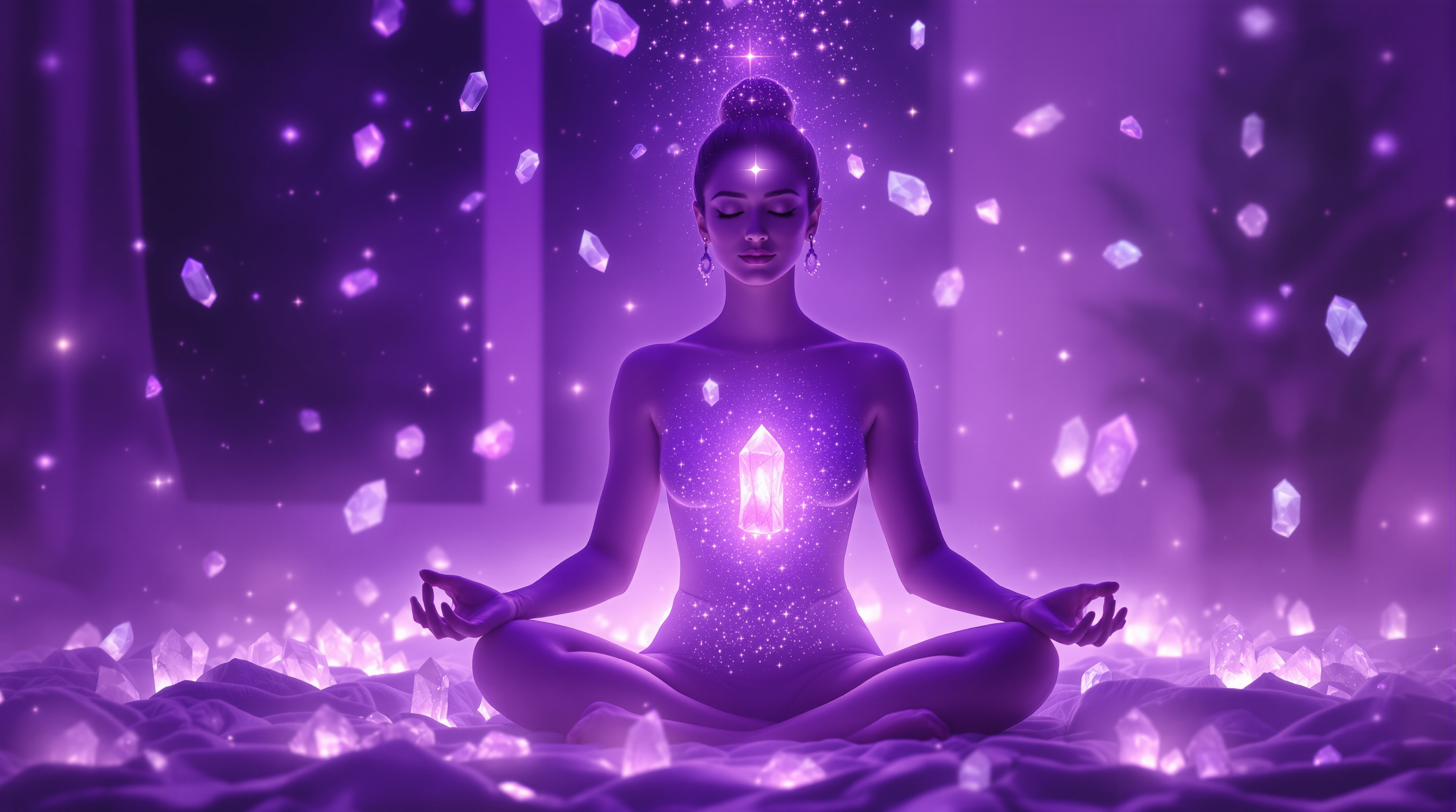 Woman meditating with ethereal energy